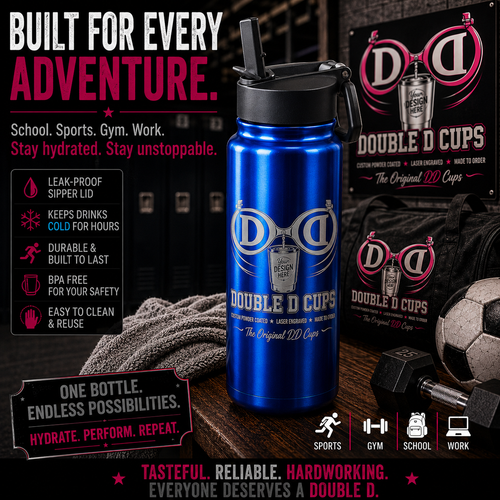 Double D Cups 22 oz water bottle sipper in candy apple blue with black carry-handle sipper cap