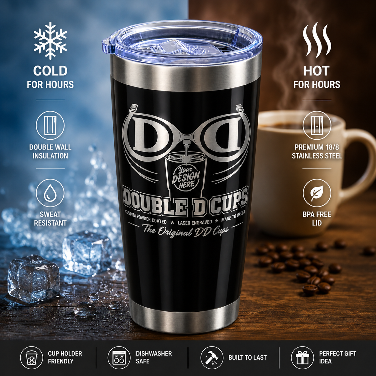 Double D Cups 20 oz tumbler for hot and cold drinks