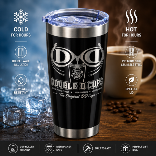 Double D Cups 20 oz tumbler for hot and cold drinks