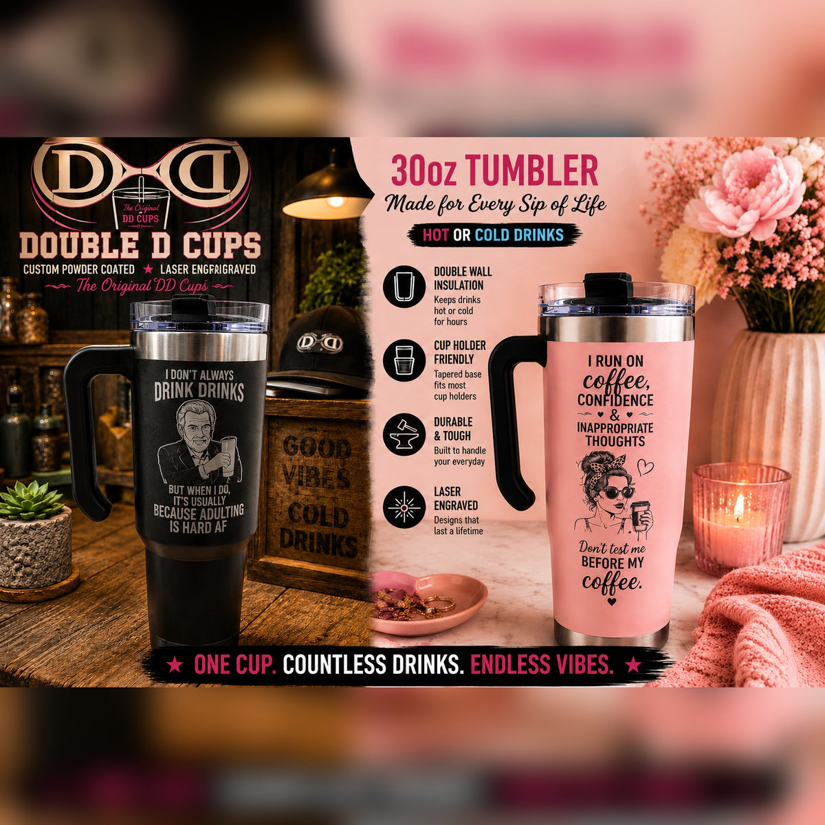 Double D Cups 30 oz tumbler with handle promotional image